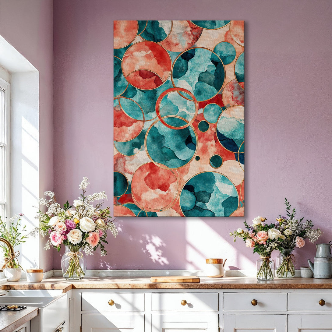 Framed Wall Art featuring abstract watercolor circles in teal, coral, and gold. Modern art for living room decor.