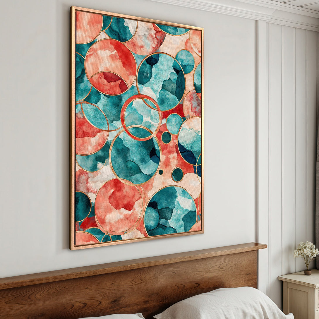 Framed Wall Art featuring abstract watercolor circles in teal, coral, and gold tones. Perfect for adding modern art to your bedroom decor!