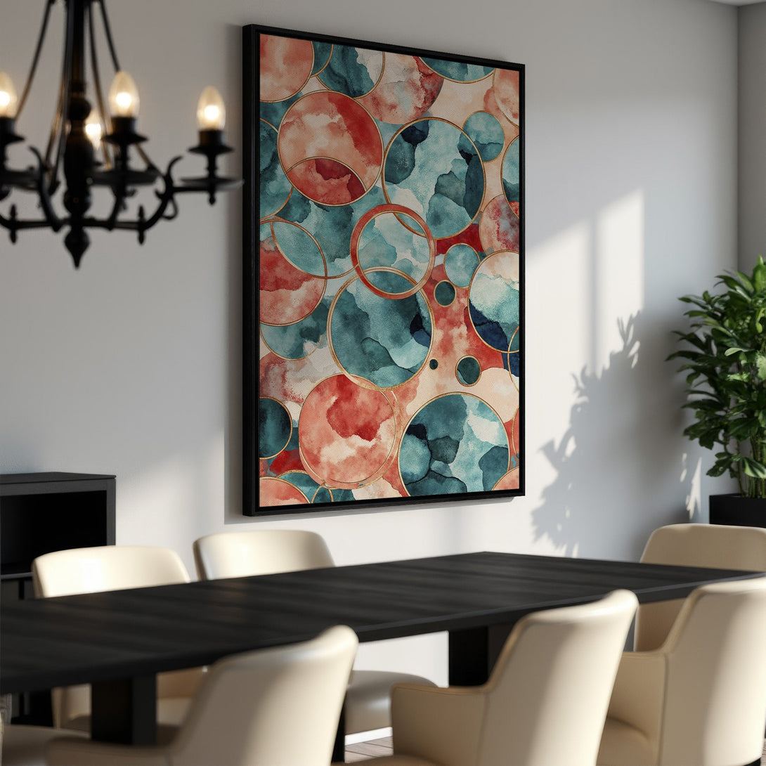 Framed Wall Art featuring an abstract watercolor design in teal, coral, and gold. Modern art canvas print perfect for dining room decor.