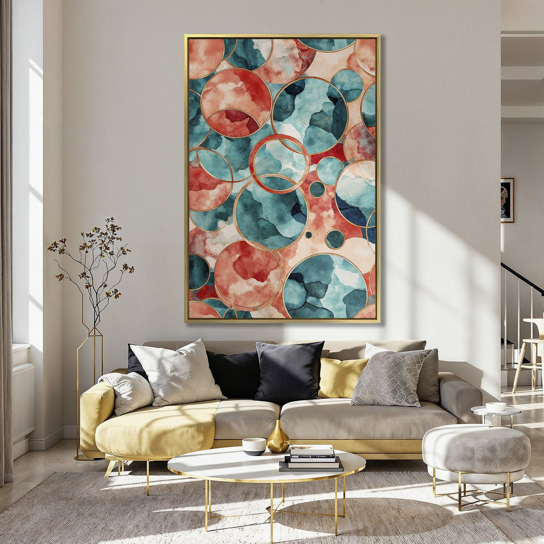 Abstract watercolor Canvas Print featuring teal, coral, and gold circles. Modern wall art for living room or bedroom decor.