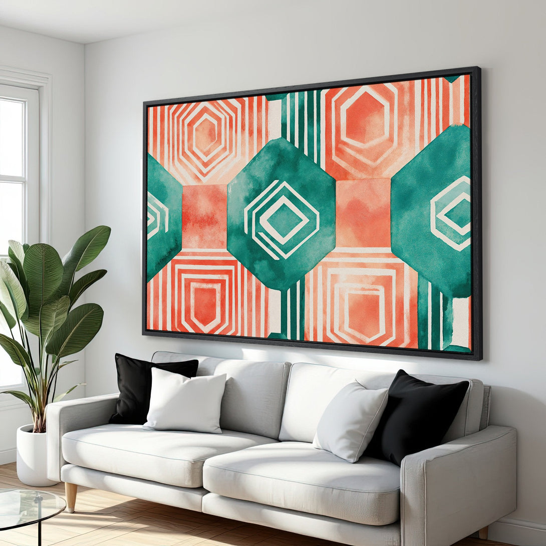 Framed Wall Art: Abstract geometric design in teal and coral. Modern Canvas Print adds vibrant color to any living room.