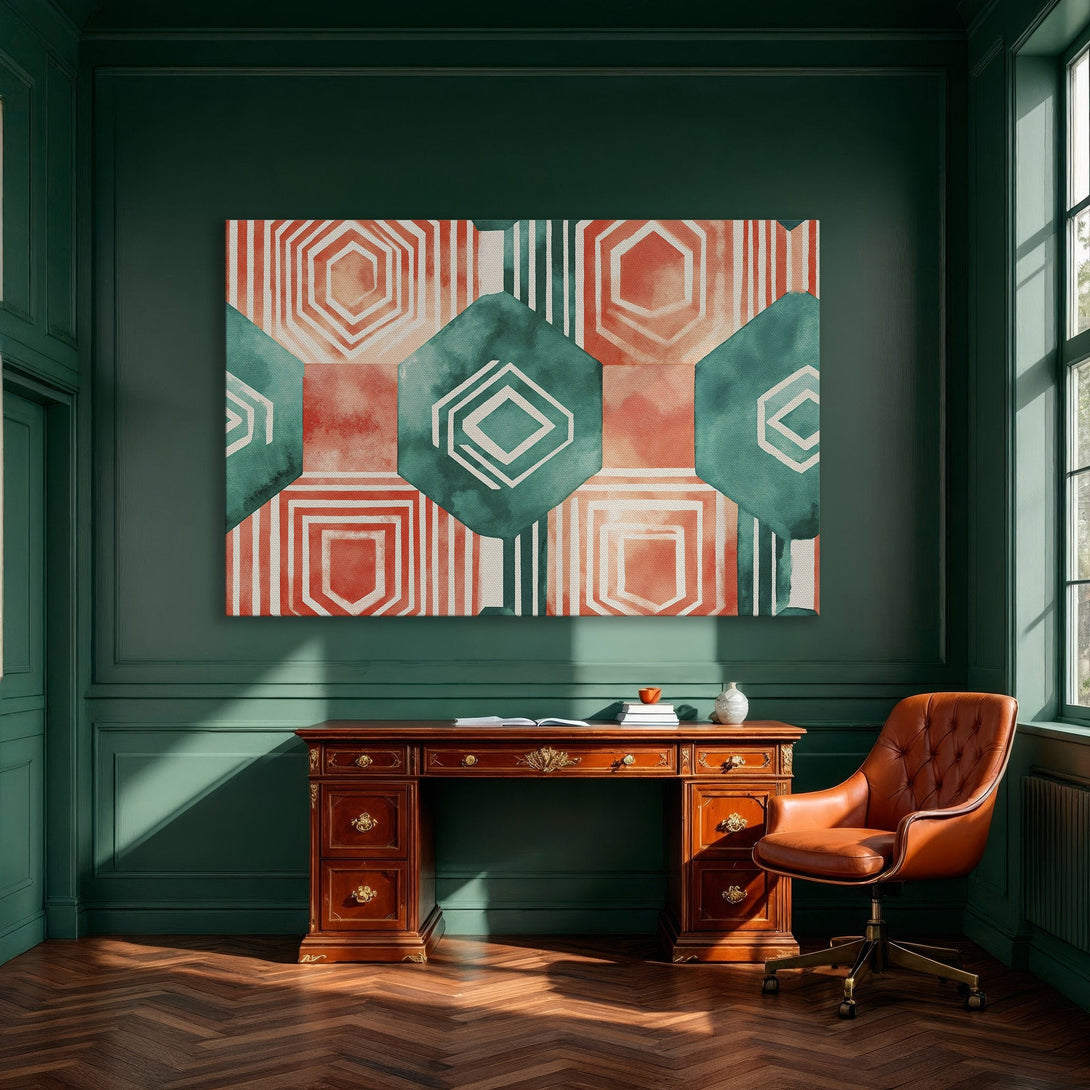 Framed Wall Art: Geometric abstract print in teal & coral. Modern art for dining room. Elevate your space with this stylish Canvas Print.