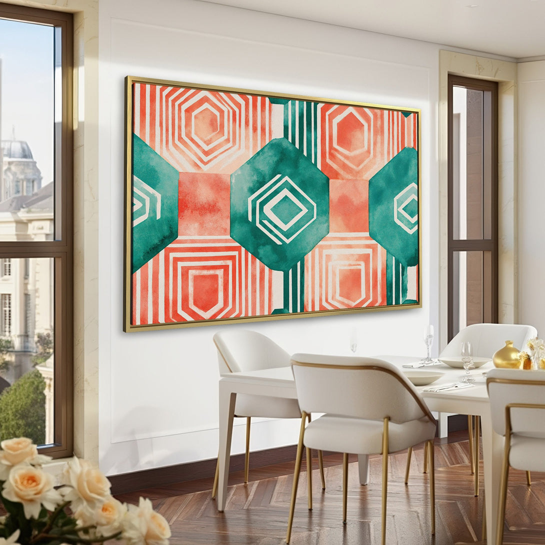 Canvas Print with geometric design in teal and coral, displayed in a stylish office. Modern wall art for a sophisticated interior.