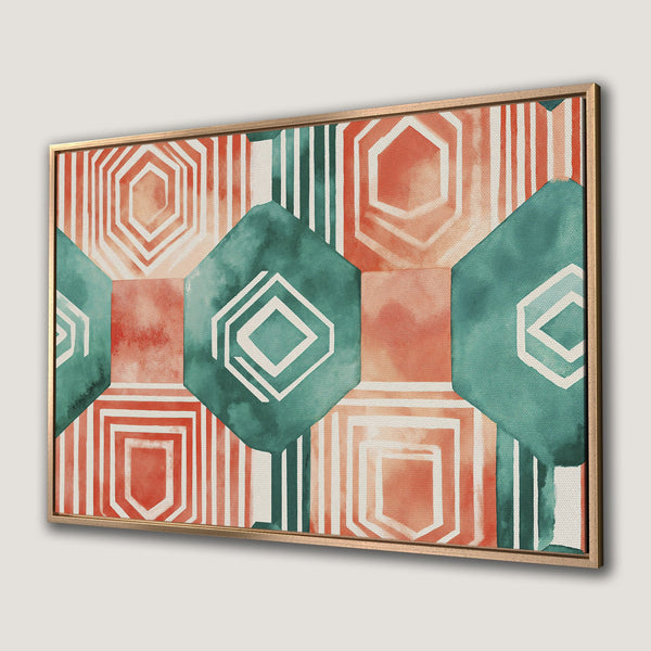 Framed Wall Art featuring a geometric watercolor design in teal and coral. Modern abstract canvas print perfect for any space.
