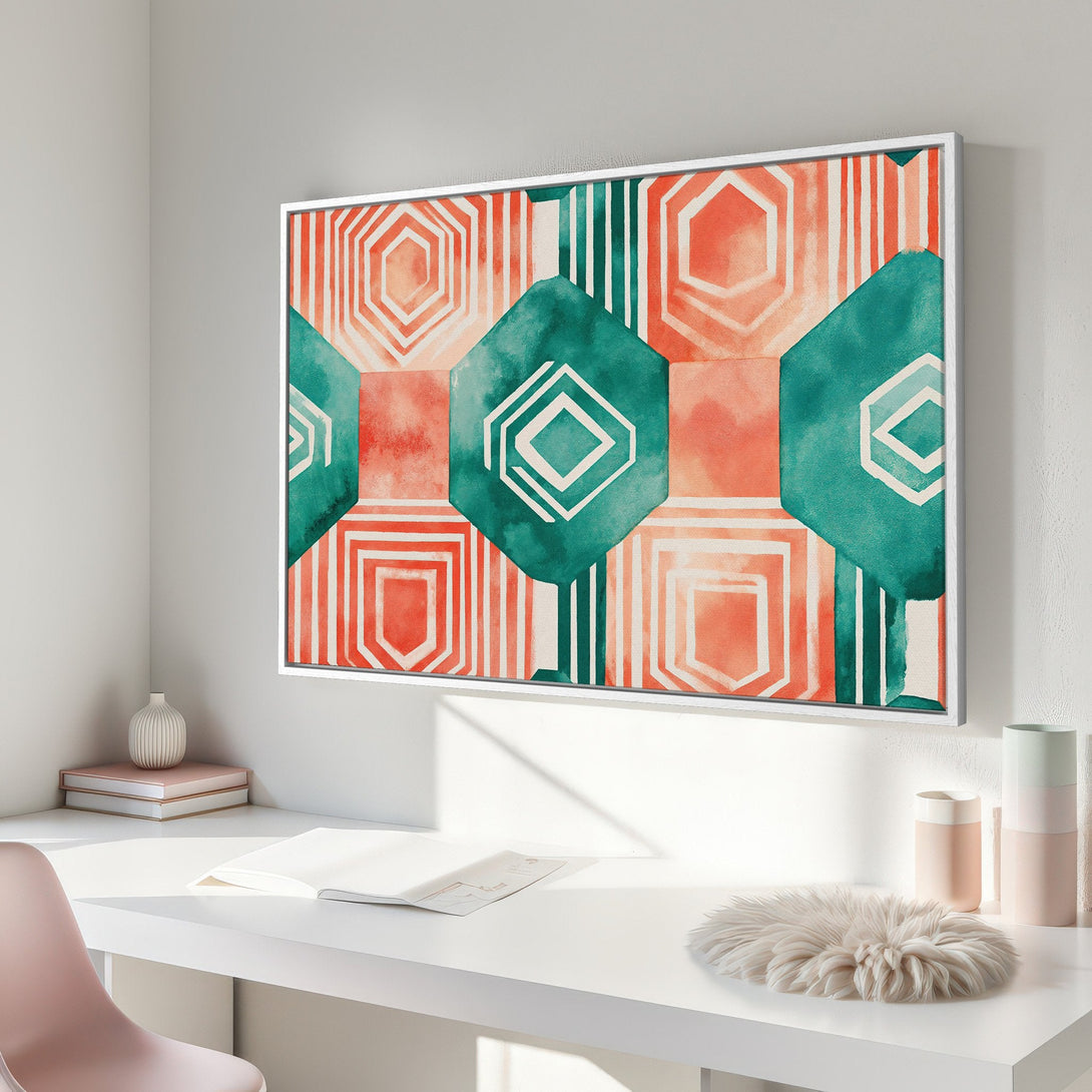 Framed Wall Art featuring a geometric abstract design in teal and coral, perfect for modern home decor.