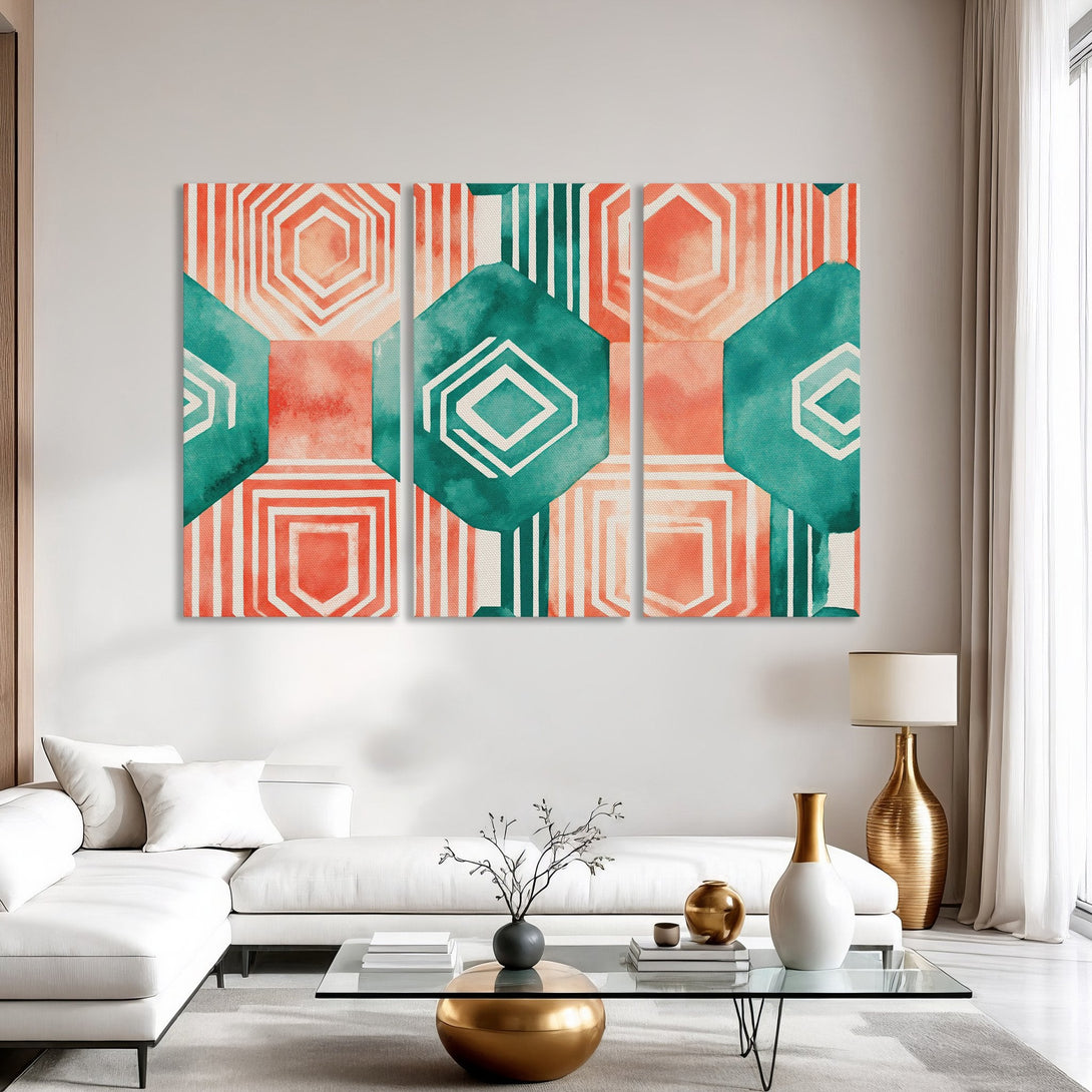 Canvas Print featuring abstract geometric art in teal and coral. Modern wall art for a stylish living room.