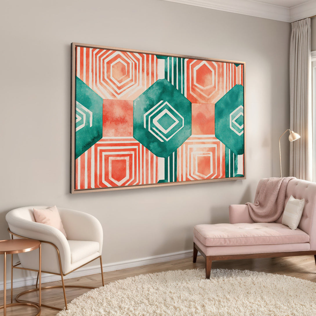Framed Wall Art featuring an abstract geometric design in teal and coral. Modern style Canvas Print adds a pop of color to any room.
