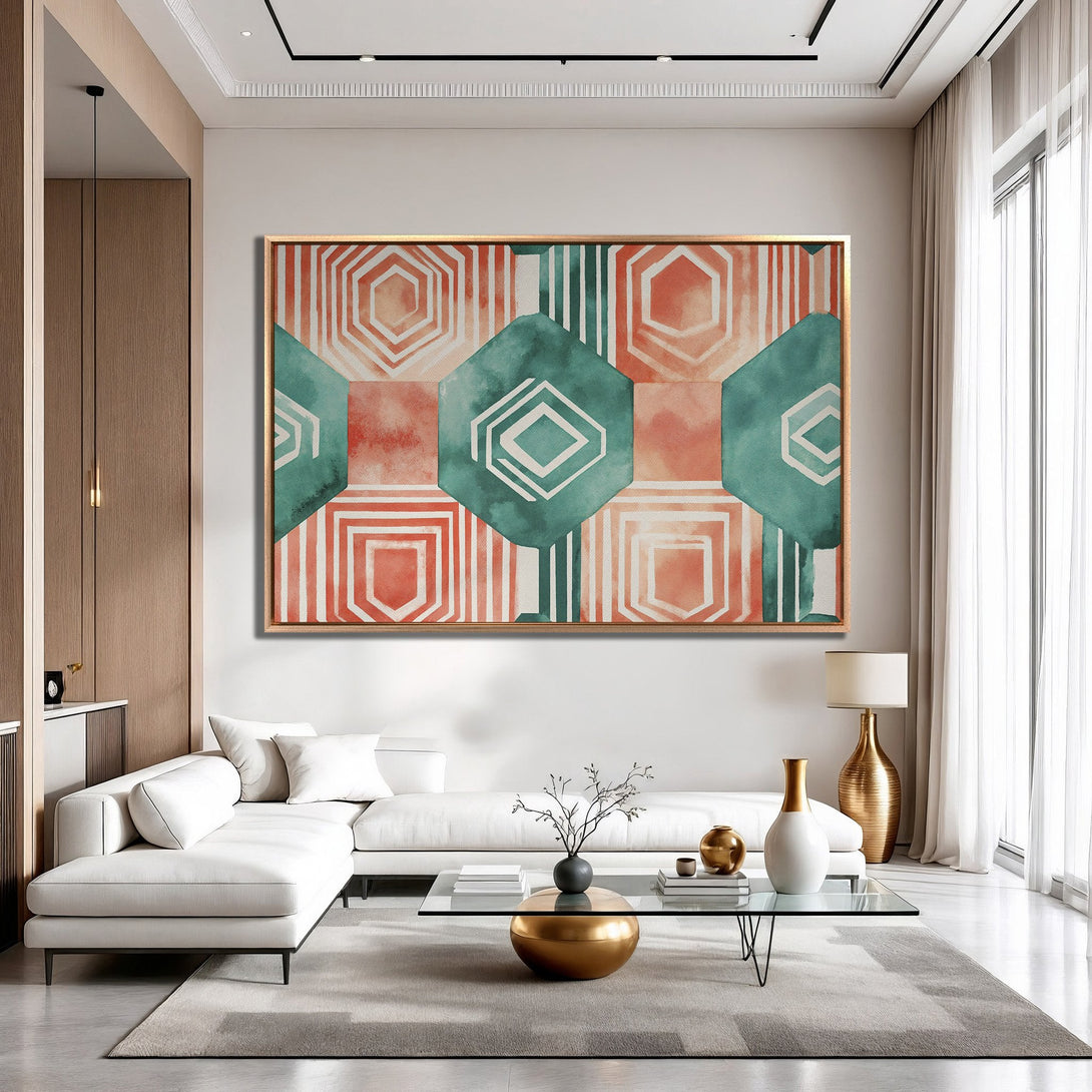 Framed Wall Art: Geometric abstract art in teal, coral, and white. Modern style Canvas Print adds a pop of color to any living room.