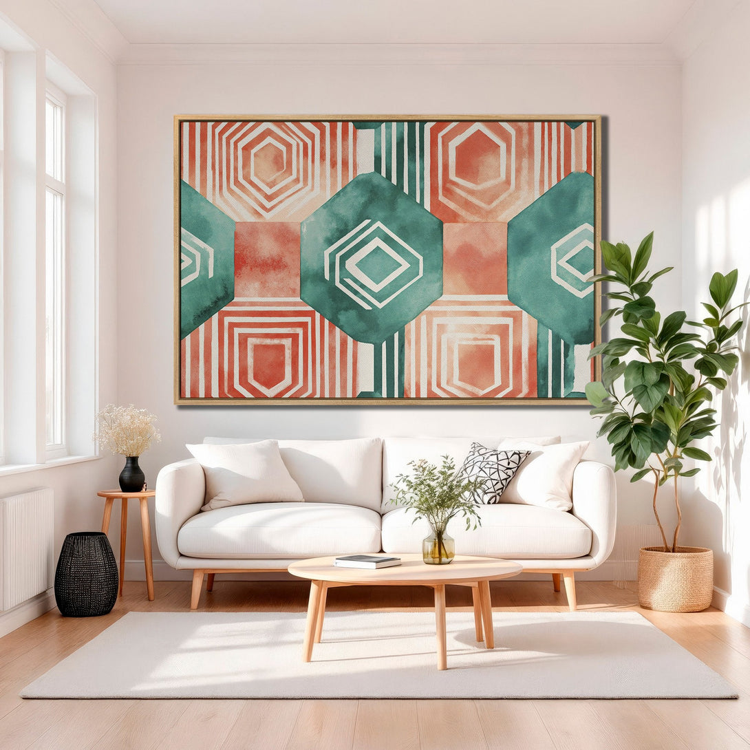 Framed Wall Art featuring an abstract geometric design in teal, coral, and white. Modern style Canvas Print adds a pop of color to any living space.