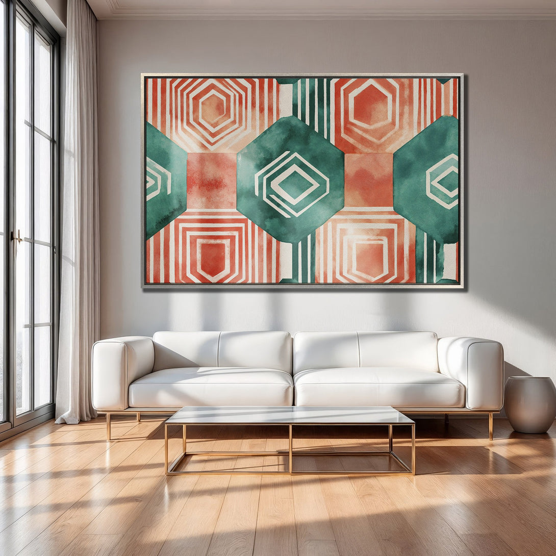 Framed Wall Art: Abstract geometric art in teal, coral, and white. Modern Canvas Print adds a pop of color to any living room.
