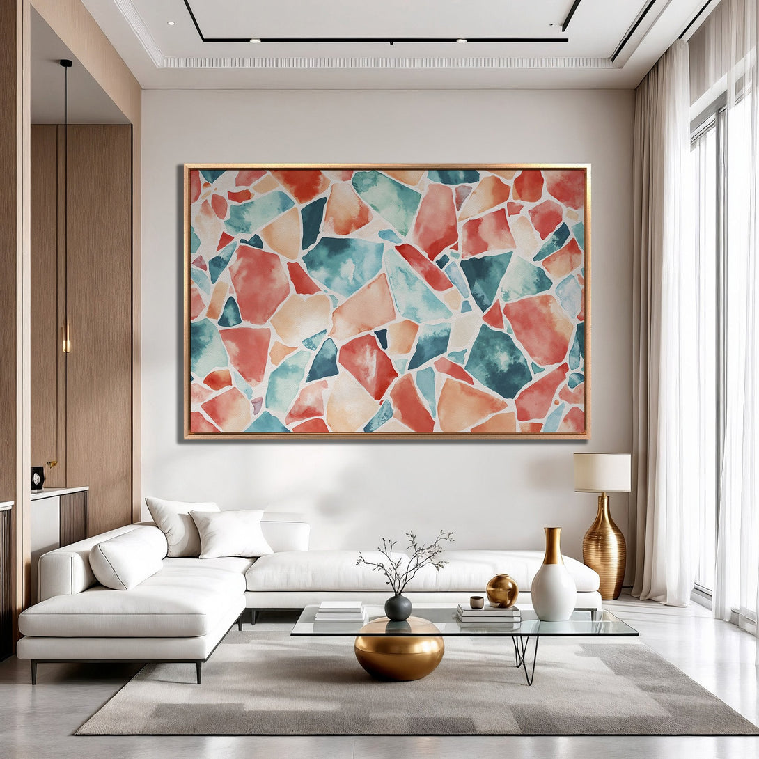 Framed Wall Art featuring abstract watercolor design in coral, teal, and beige tones, adding a modern touch to a living room interior.