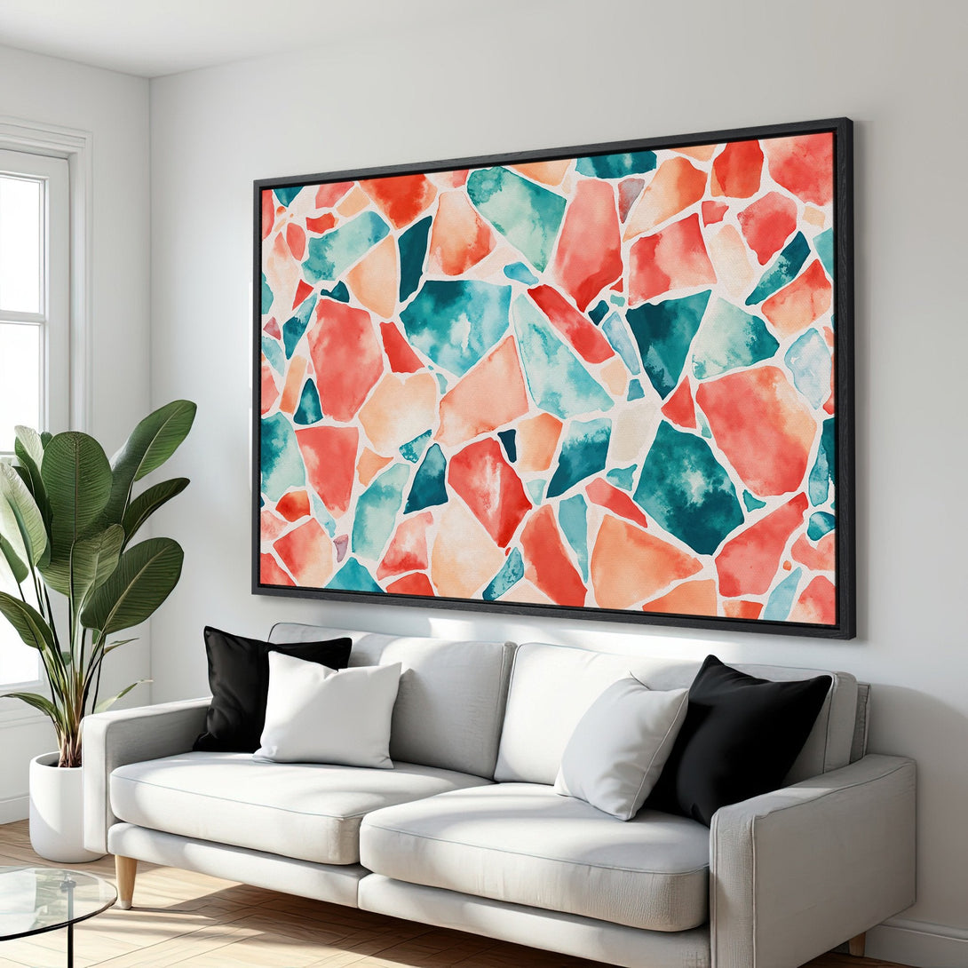 Framed Wall Art: Abstract watercolor mosaic in coral, teal, and orange. Modern art canvas print adds a pop of color to any living room.