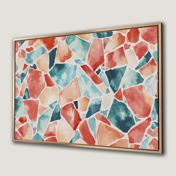 Framed Wall Art featuring an abstract watercolor design in a vibrant palette of red, teal, and peach. Perfect for adding a pop of color to any space.