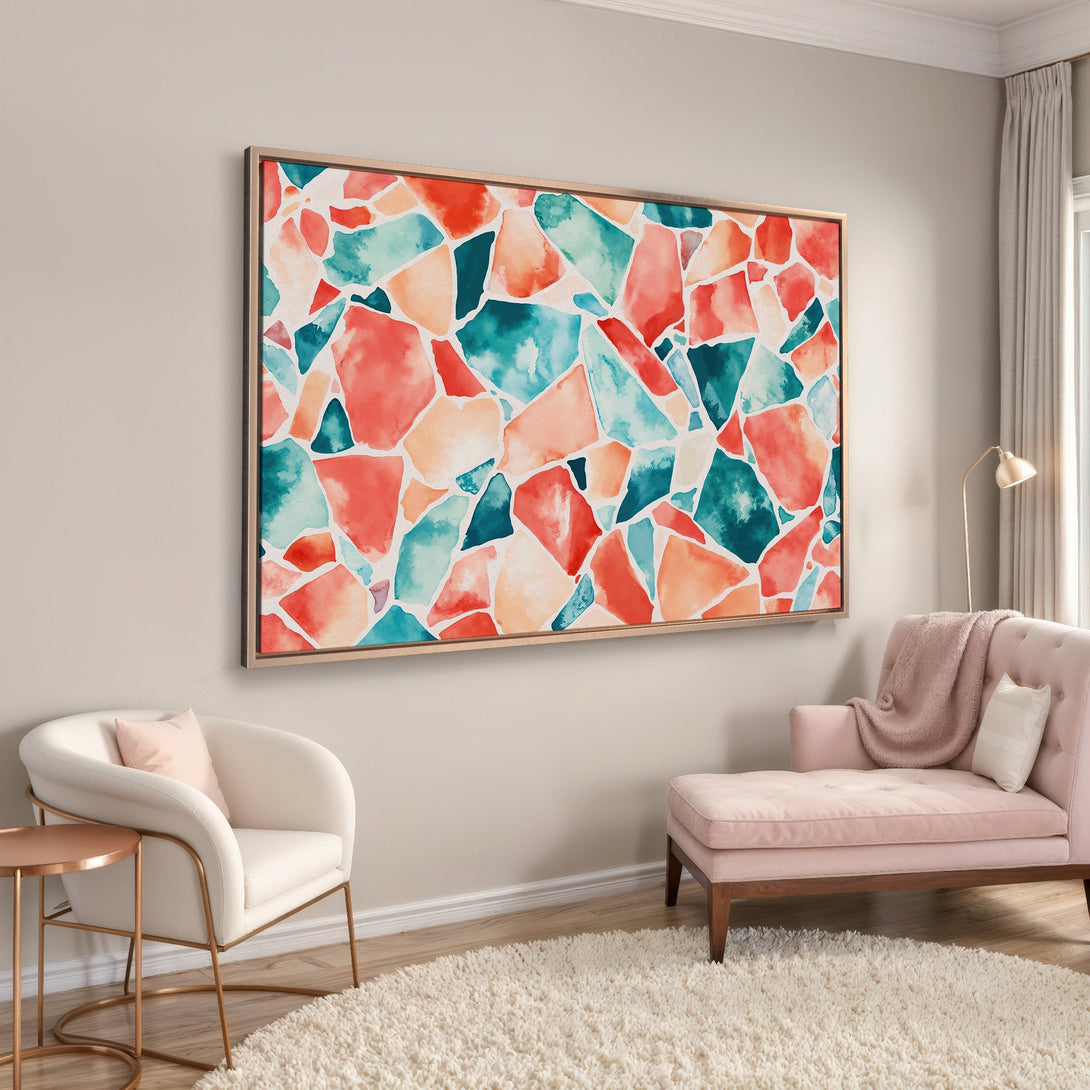 Framed Wall Art: Abstract watercolor Canvas Print in coral, teal, and peach. Modern art for your living room. Shop now for stylish home decor.