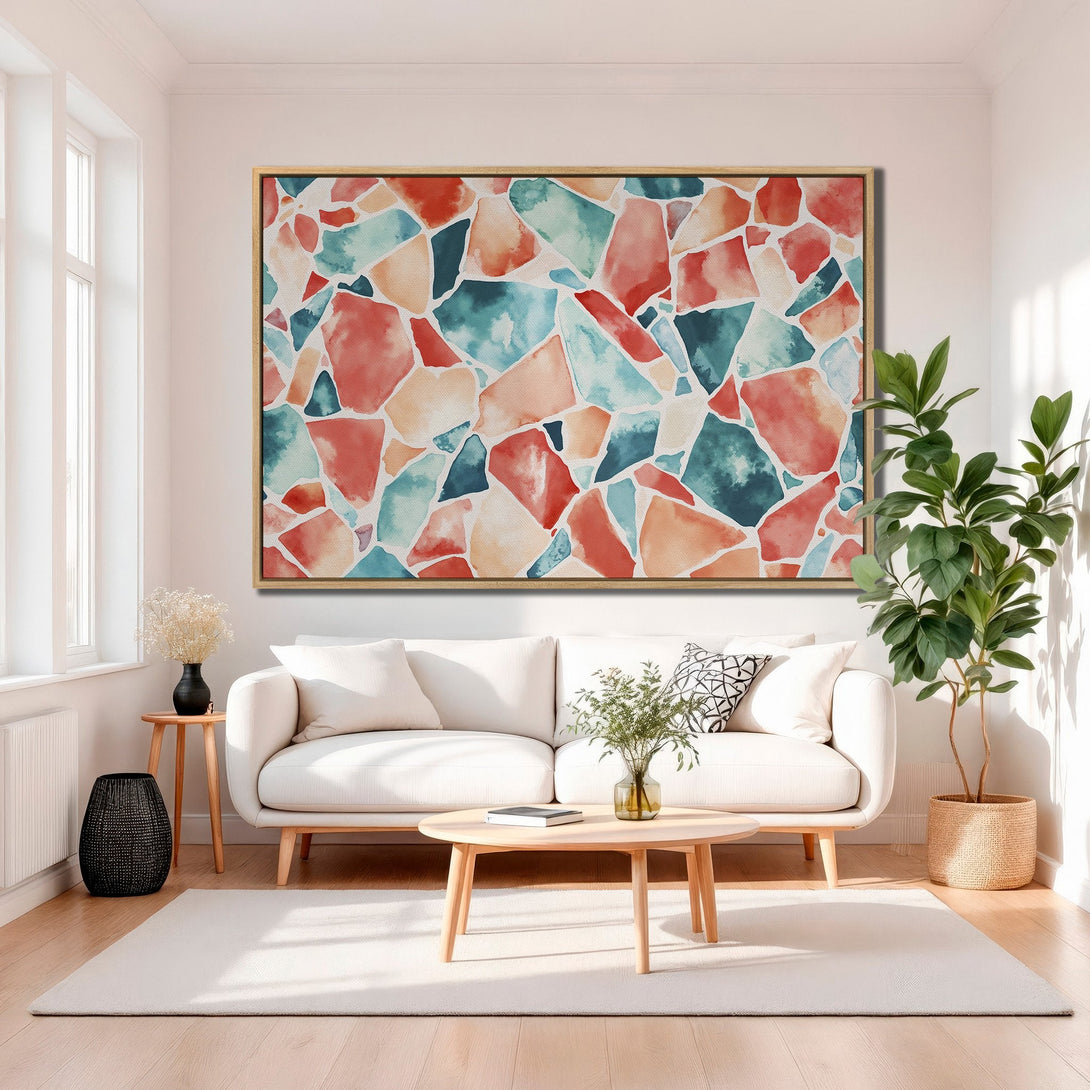 Framed Wall Art: Abstract watercolor mosaic in red, teal, and peach tones. Modern art Canvas Print adds a pop of color to any living room.