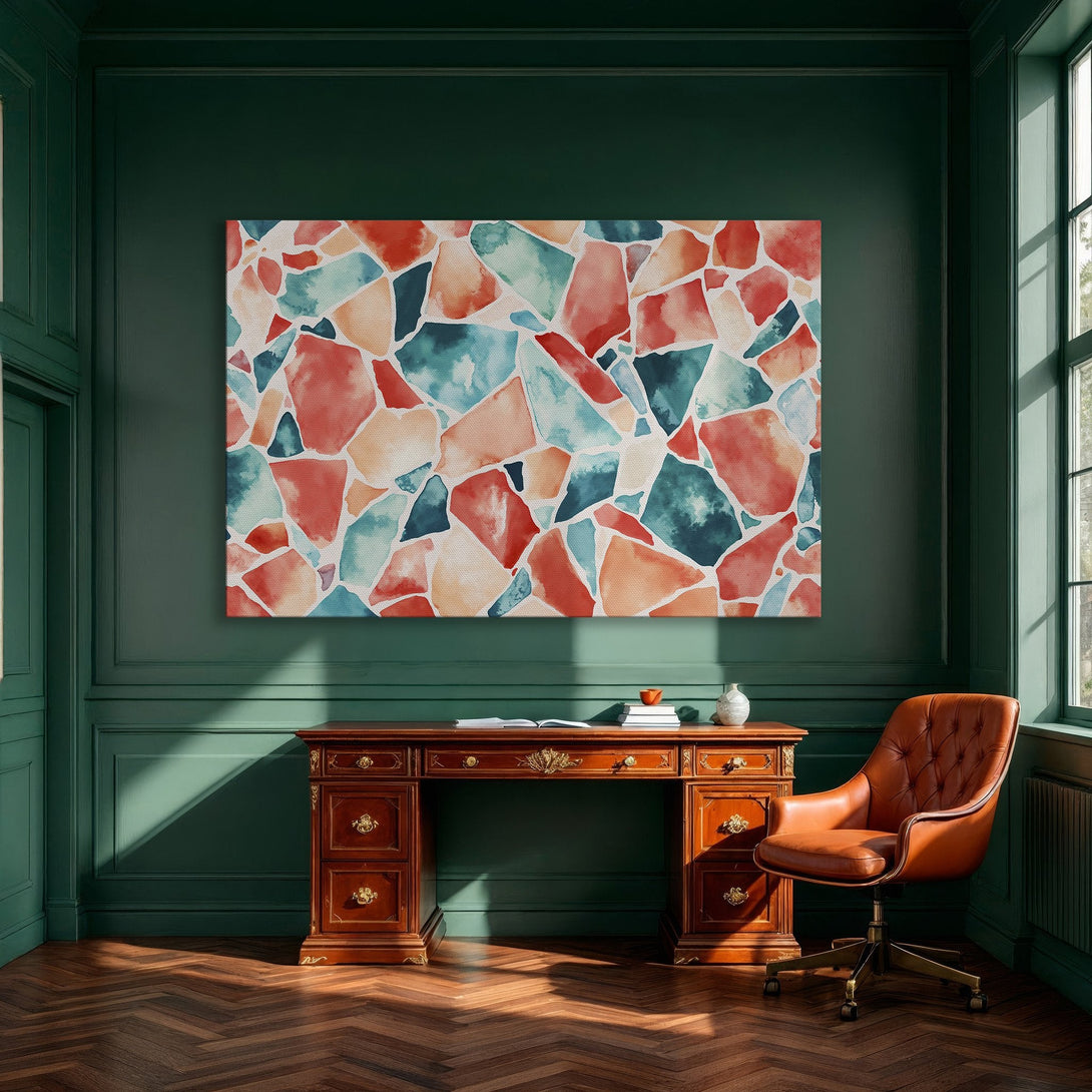 Framed Wall Art: Abstract watercolor canvas print in coral, teal, and peach hues. Perfect for dining room decor. Modern art with a gold frame.