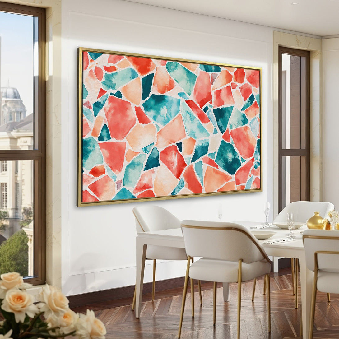 Canvas Print featuring abstract watercolor art in red, teal, and peach tones. Adds a pop of color to any room. Modern wall art.