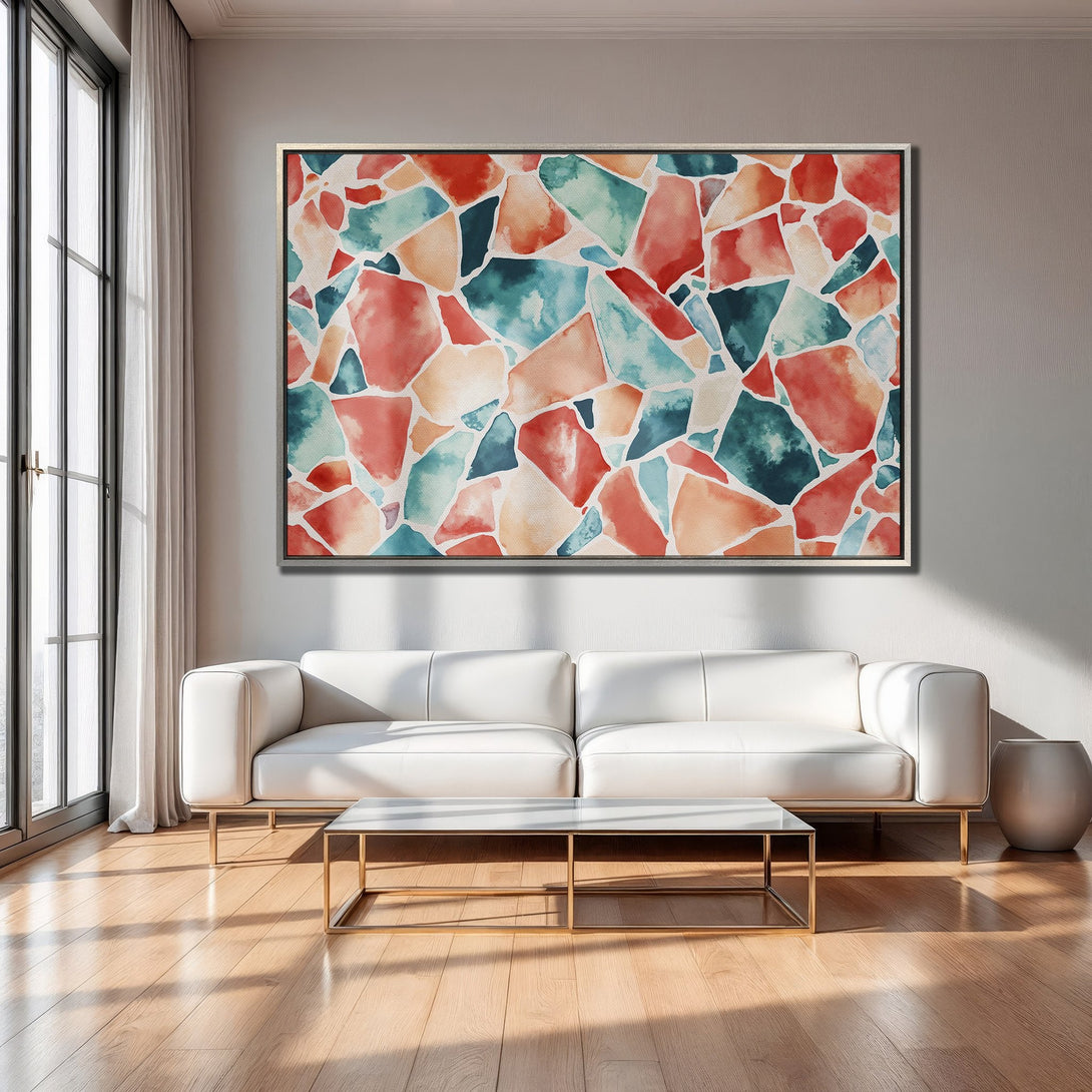 Framed Wall Art: Abstract watercolor art in red, teal, and orange hues. Modern Canvas Print adds a pop of color to any living room.