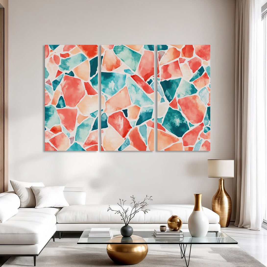 Canvas Print triptych featuring abstract watercolor art in coral, teal, and peach tones. Modern wall decor for living room.