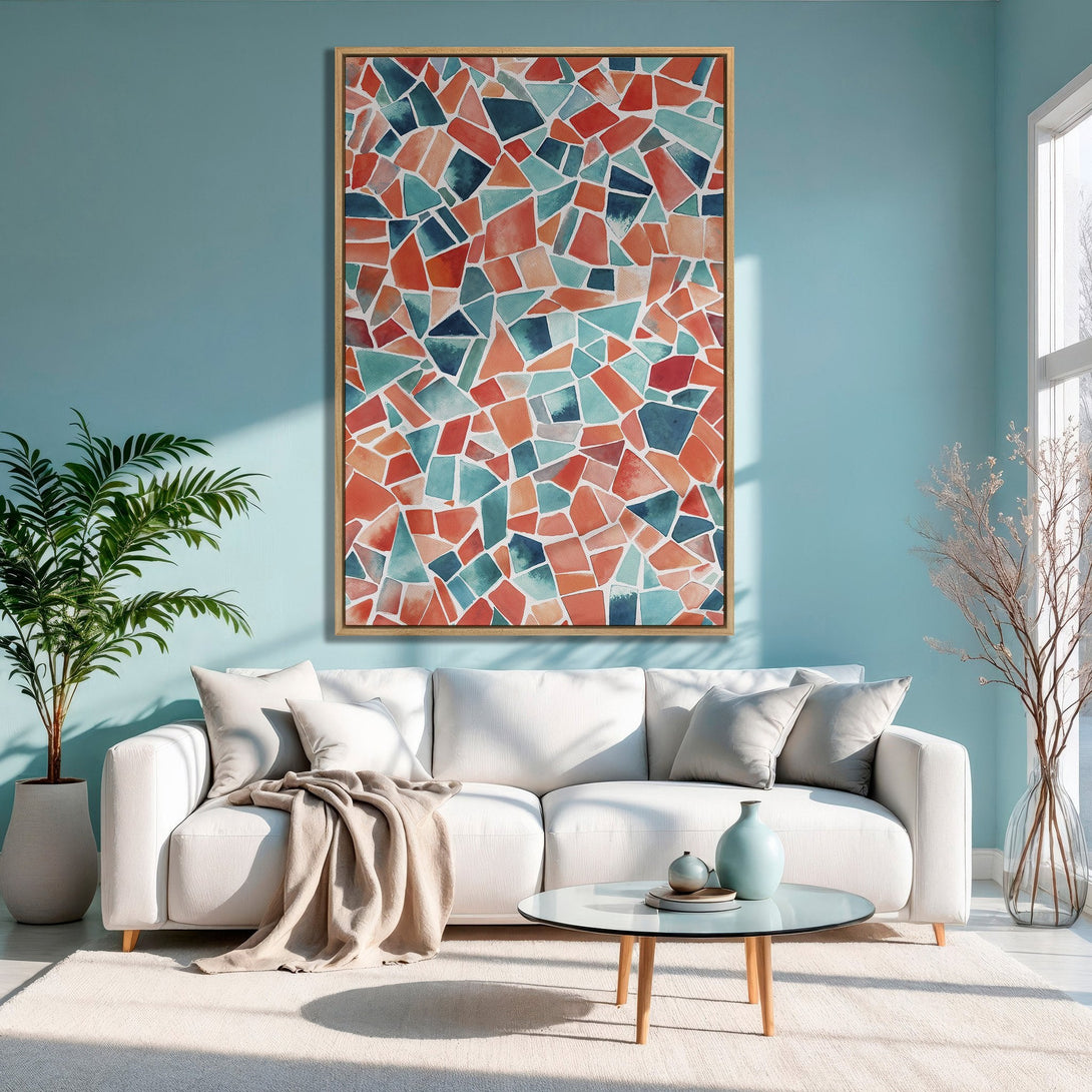 Framed Wall Art: Abstract mosaic design in warm orange, teal, and blue tones. Modern living room decor with a stylish Canvas Print.