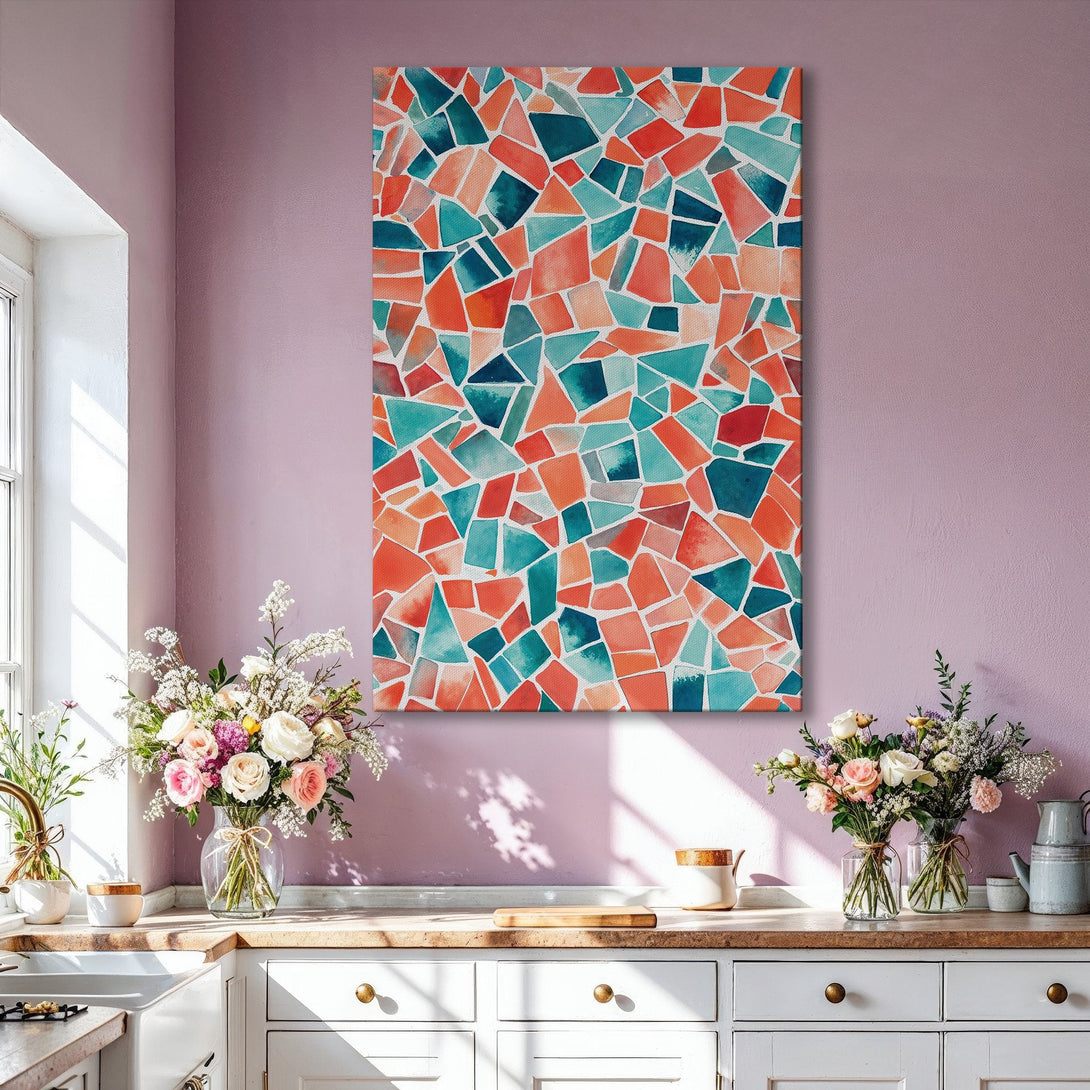 Framed Wall Art: Abstract mosaic Canvas Print in teal, coral, and red. Modern art for living room decor. Enhance your space with vibrant colors.