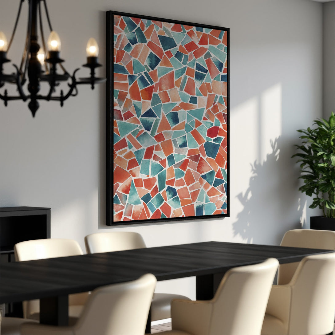 Framed Wall Art featuring abstract mosaic design in vibrant teal, orange, and red. Modern art for dining room decor.