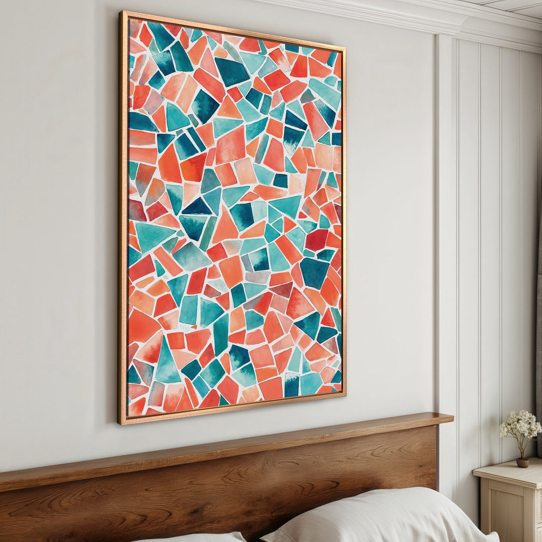 Framed Wall Art: Abstract mosaic design in vibrant teal, orange, and red hues. Modern canvas print adds a pop of color to any interior space.