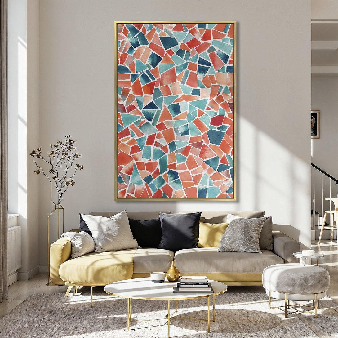 Canvas Print: Abstract mosaic art in teal and orange, perfect for adding a pop of color to any space. Modern wall art decor.