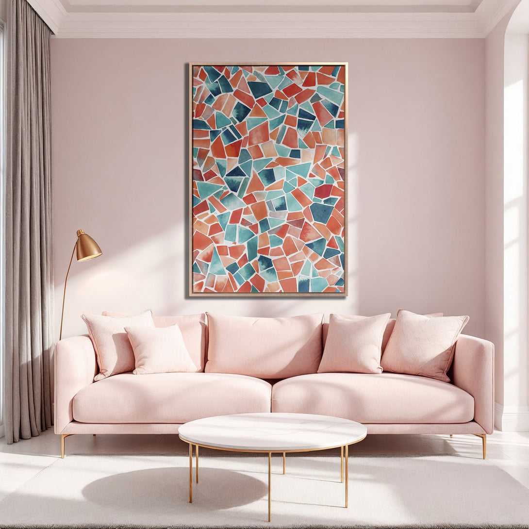 Framed Wall Art: Abstract mosaic design in warm orange, teal, and blue tones. Modern living room decor with pink sofa, perfect for adding a pop of color.