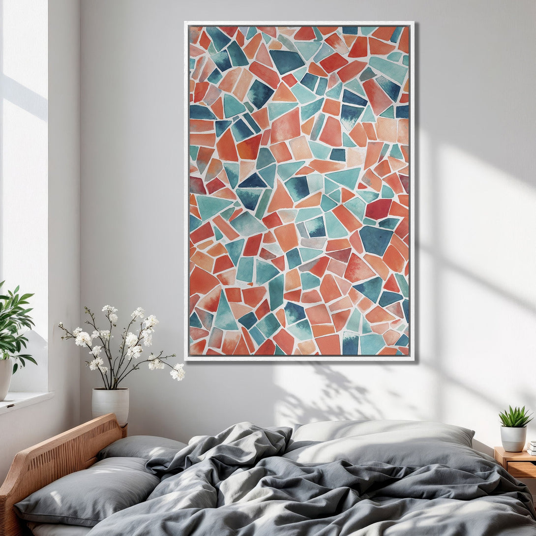 Framed Wall Art: Abstract mosaic in teal, orange, and red. Modern canvas print adds a pop of color to any bedroom decor. Shop now!