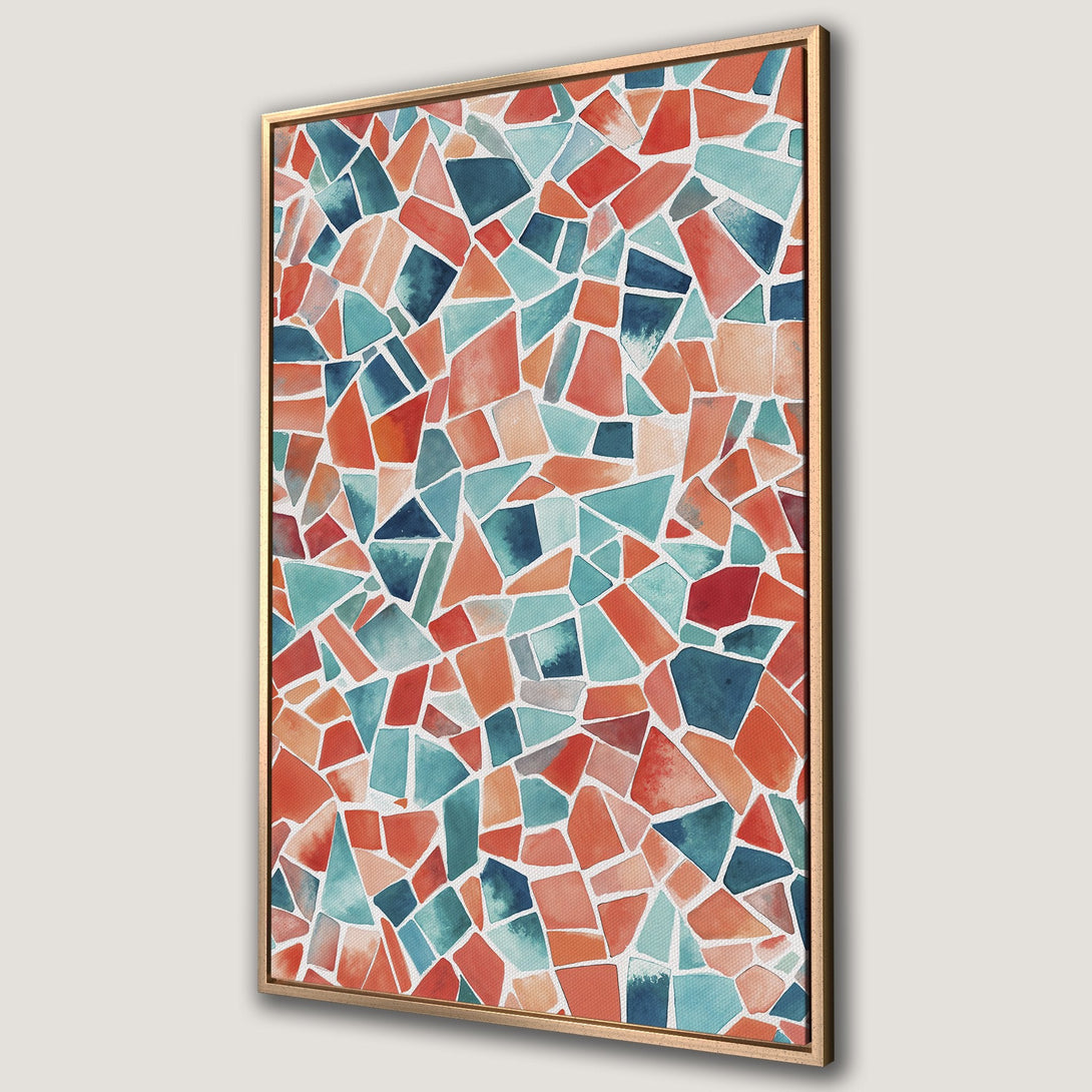 Framed Wall Art featuring a colorful mosaic pattern in watercolor style. Warm orange, teal, and blue hues. Perfect for adding a pop of color to any room.