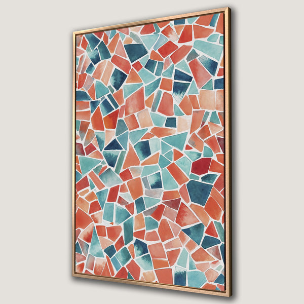 Framed Wall Art featuring a colorful mosaic pattern in watercolor style. Warm orange, teal, and blue hues. Perfect for adding a pop of color to any room.