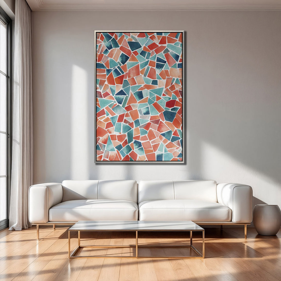 Framed Wall Art: Abstract mosaic in teal, orange, and red. Modern Canvas Print adds a pop of color to a living room. Shop now!