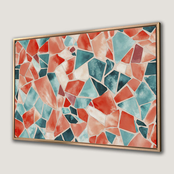Framed Wall Art featuring a watercolor mosaic design in vibrant red, teal, and beige tones. Perfect for adding a pop of color and style!