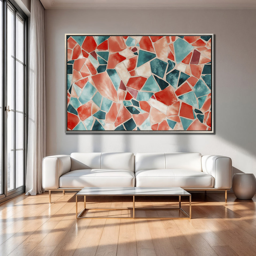 Framed Wall Art featuring abstract mosaic design in a vibrant palette of red, teal, and neutral tones. Perfect for modern living room decor.