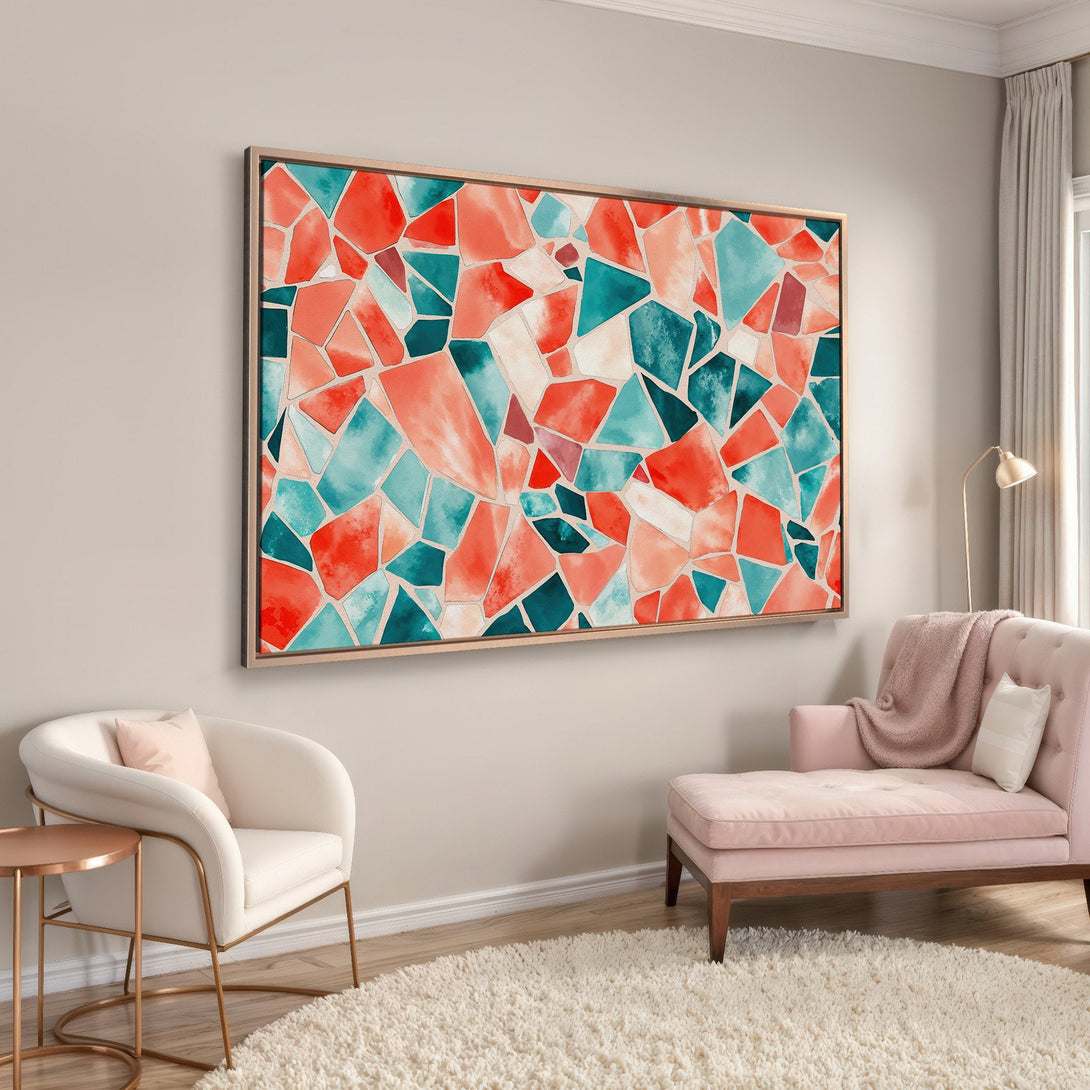 Framed Wall Art: Abstract watercolor mosaic in teal, coral, and cream. Modern art for living room decor. Adds a pop of color and style.