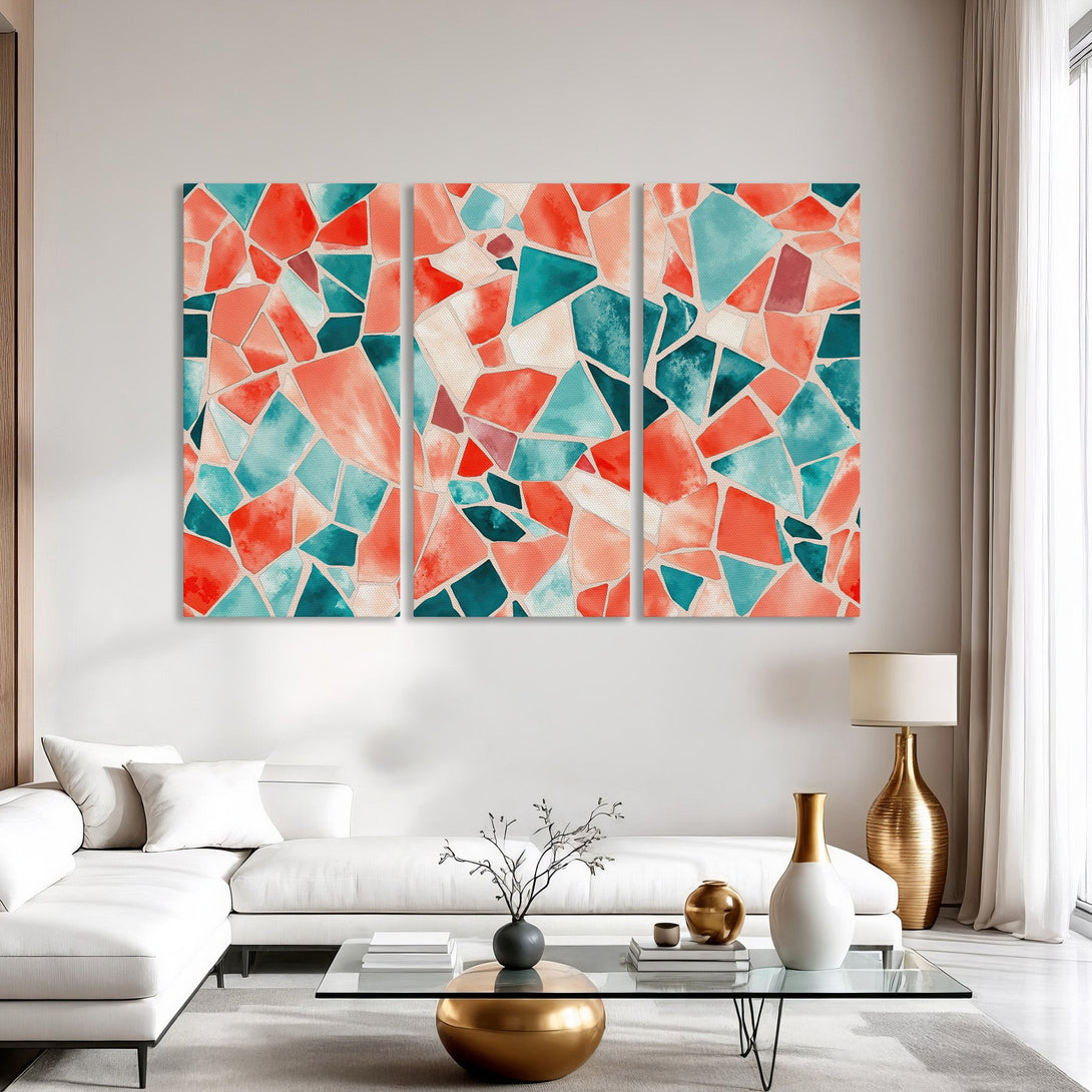 Canvas Print featuring abstract geometric art in coral, teal, and white. Modern wall art for living room decor.