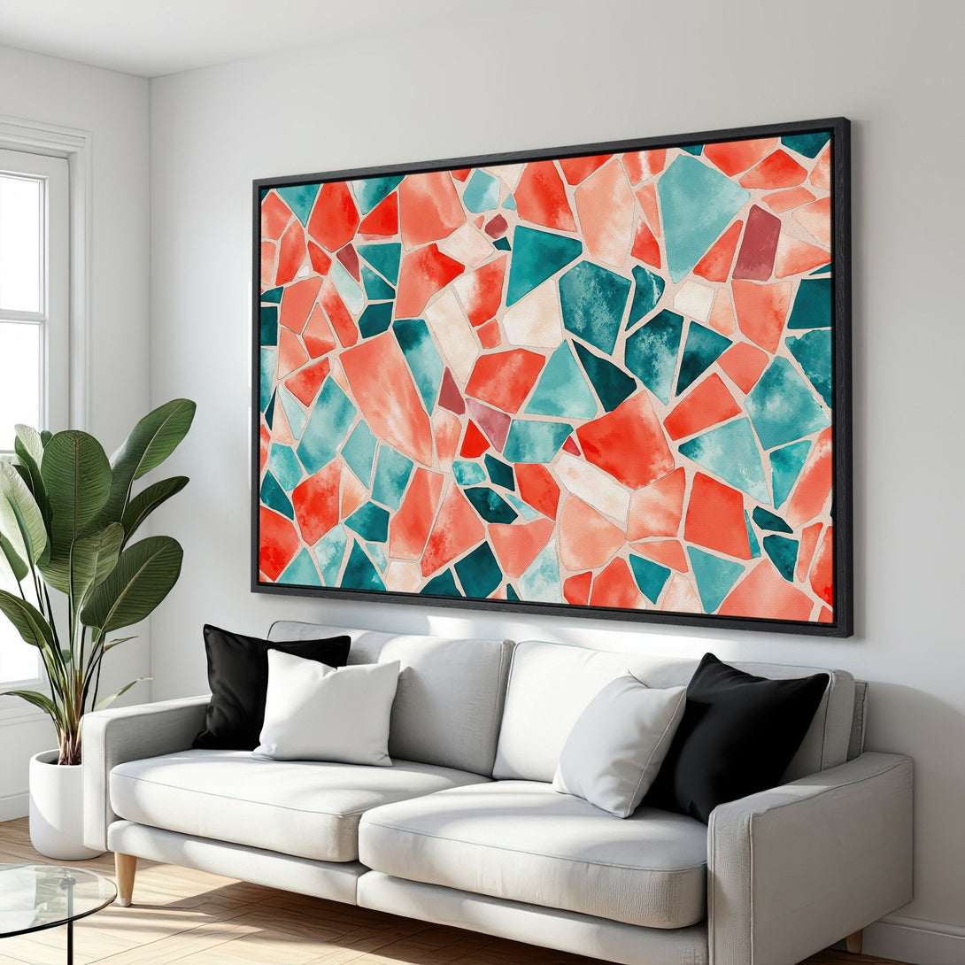 Framed Wall Art featuring a vibrant abstract mosaic in coral and teal. Modern art print adds a pop of color to any living room. Shop now!