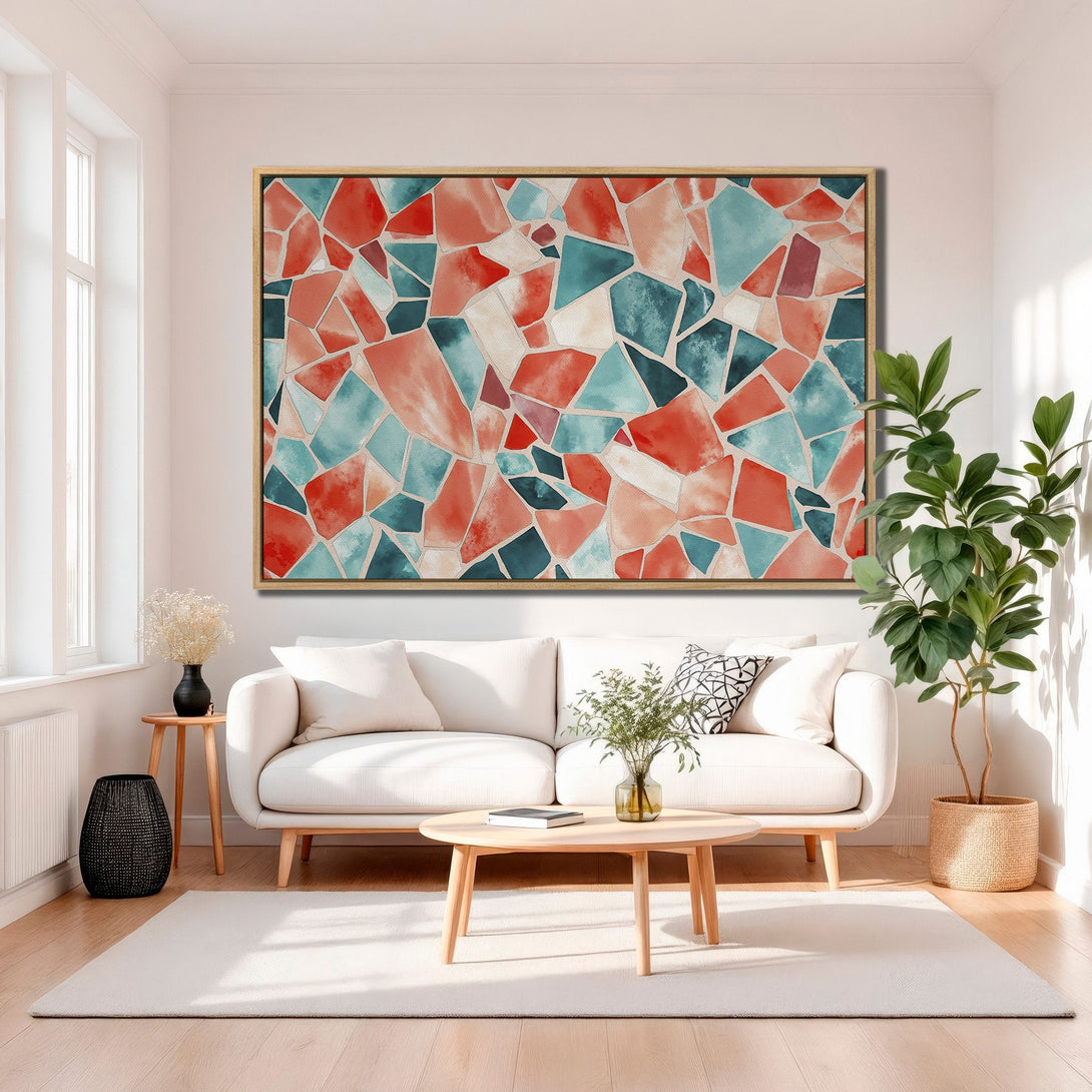 Framed Wall Art: Abstract watercolor mosaic in coral, teal, and white. Modern canvas print adds a pop of color to any living room.