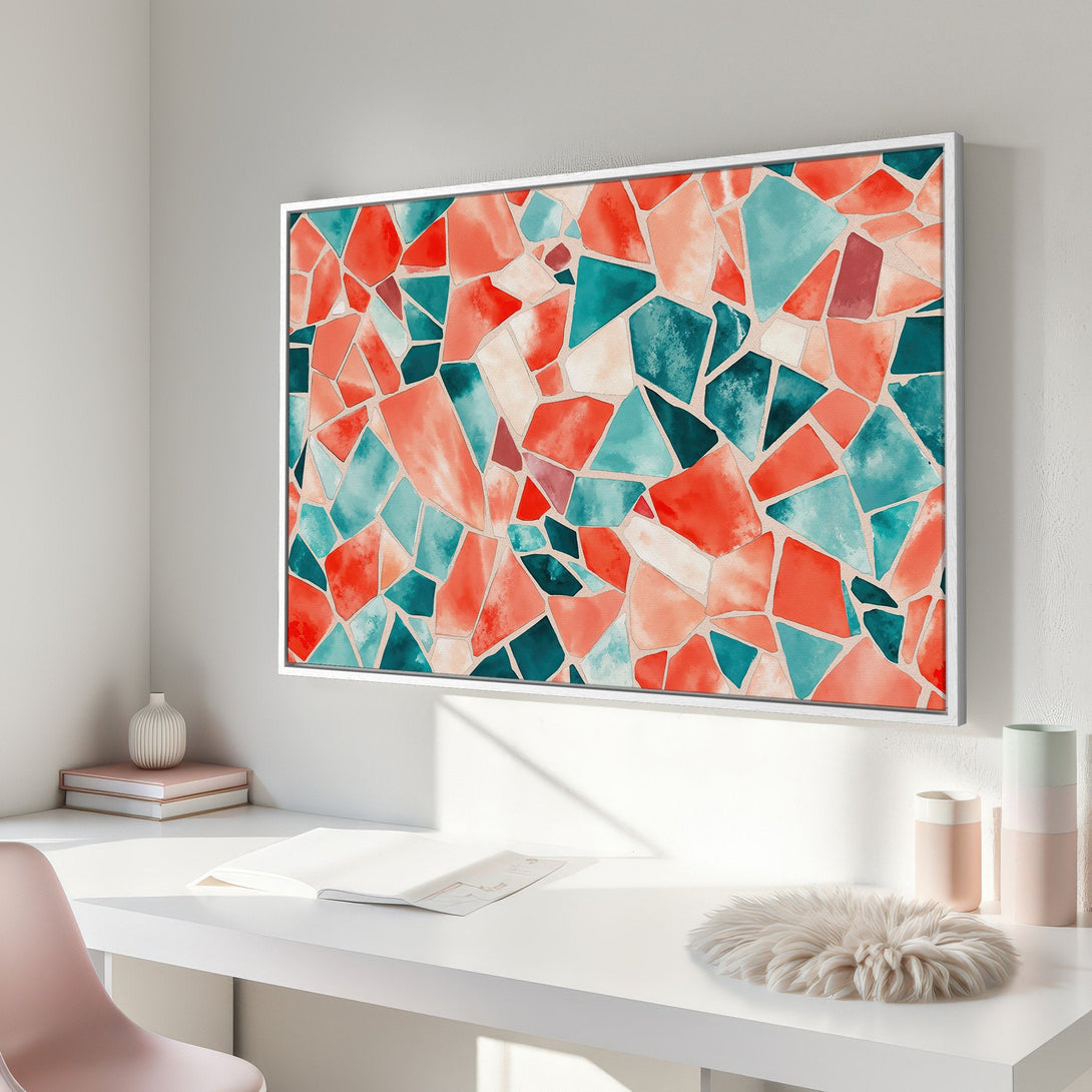 Framed Wall Art featuring a vibrant abstract mosaic design in teal, coral, and white. Modern art for a stylish interior.