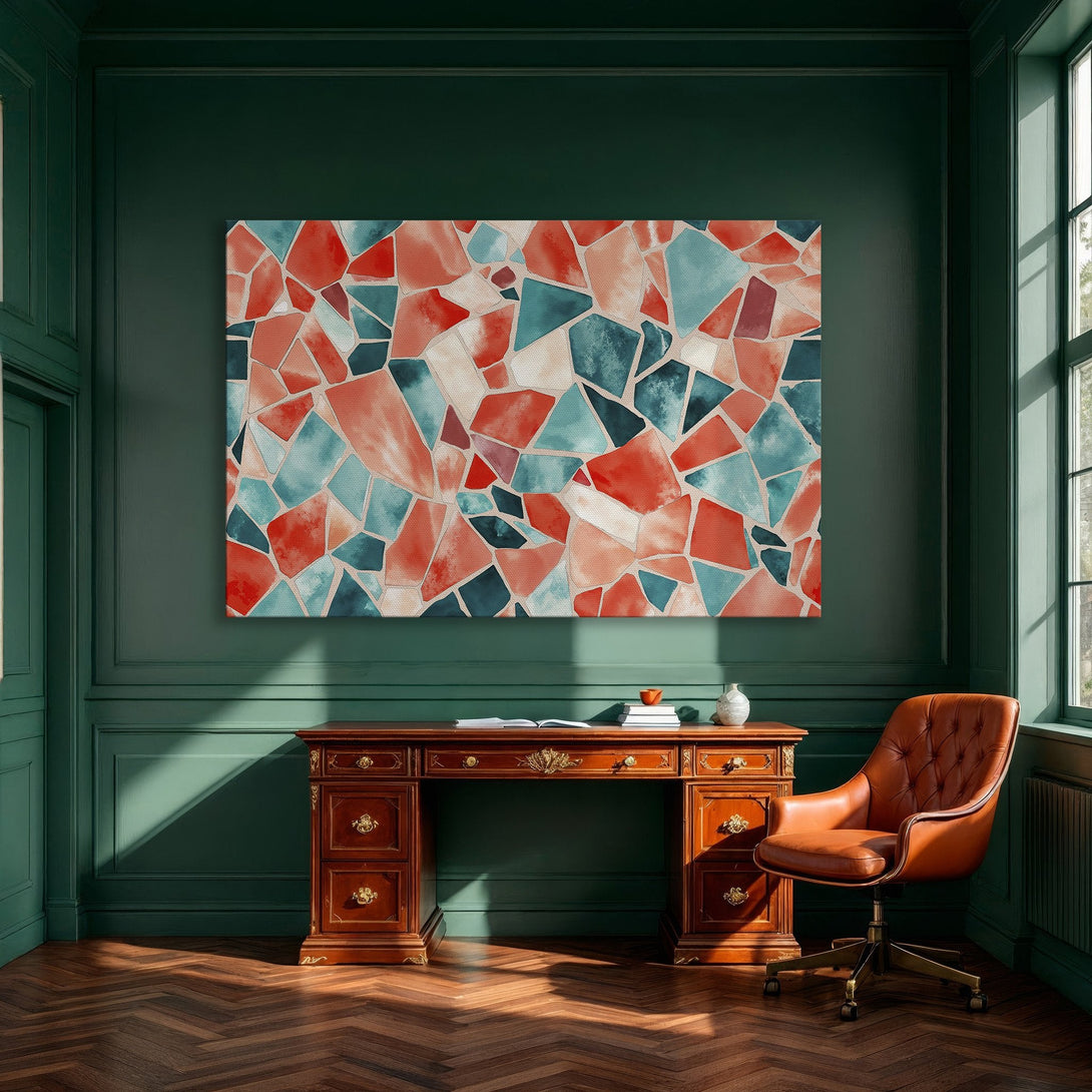 Framed Wall Art: Abstract mosaic Canvas Print in vibrant teal and coral tones, perfect for modern dining room decor.
