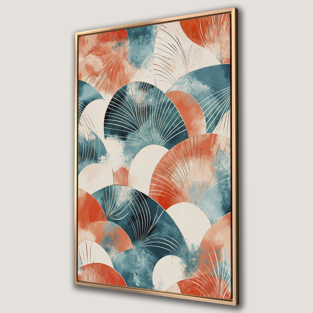 Framed Wall Art featuring abstract fan design in watercolor style. Features a warm color palette of orange, blue, and cream. Perfect for modern home decor.