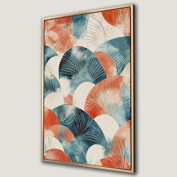 Framed Wall Art featuring abstract fan design in watercolor style. Features a warm color palette of orange, blue, and cream. Perfect for modern home decor.