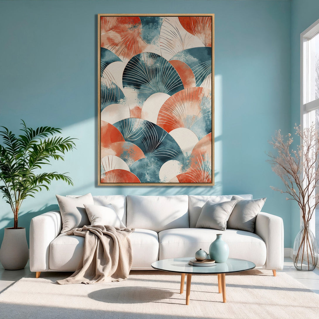 Framed Wall Art featuring abstract fan design in teal, orange, and white. Modern art for living room decor.
