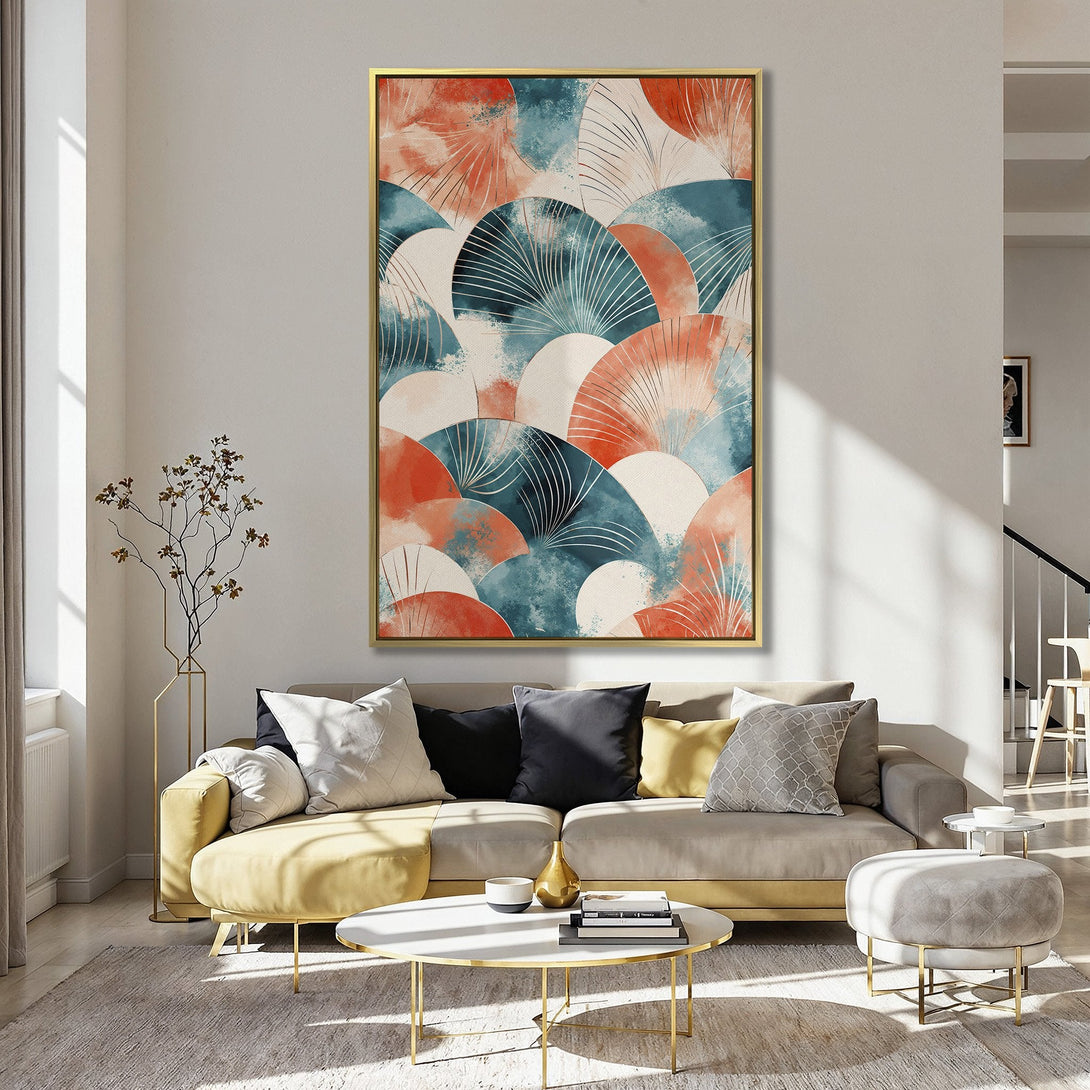Canvas Print: Abstract fan design in teal, orange, and cream. Modern art for kitchen decor. Adds a pop of color to your space.