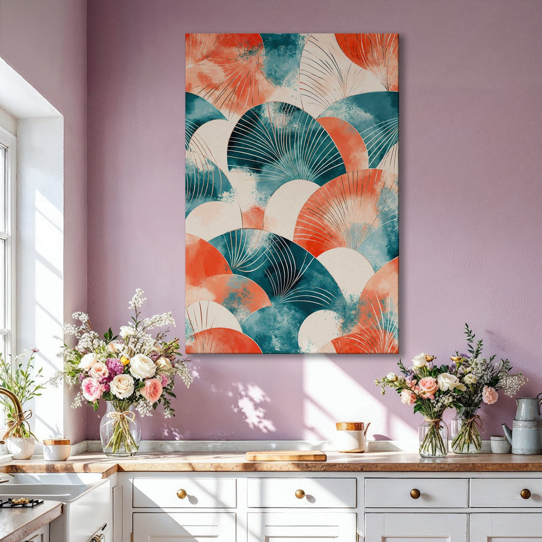 Framed Wall Art: Abstract fan design in teal, coral, and white. Modern Canvas Print adds a pop of color to any living room. Shop now!