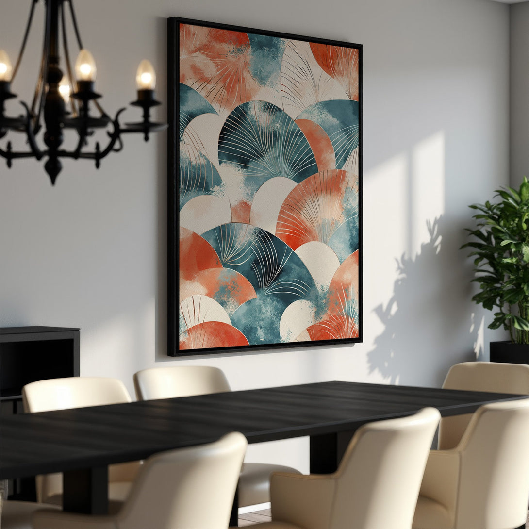 Framed Wall Art with abstract fan design in teal, orange, and cream. Modern art print perfect for dining room decor.