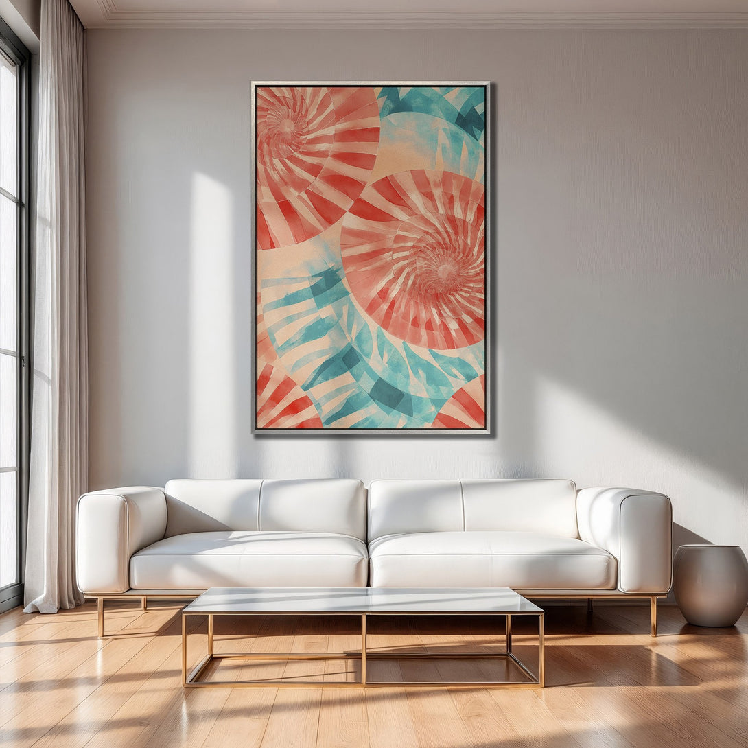 Framed Wall Art featuring abstract spiral design in red, blue, and beige tones. Modern art canvas print perfect for living room decor.