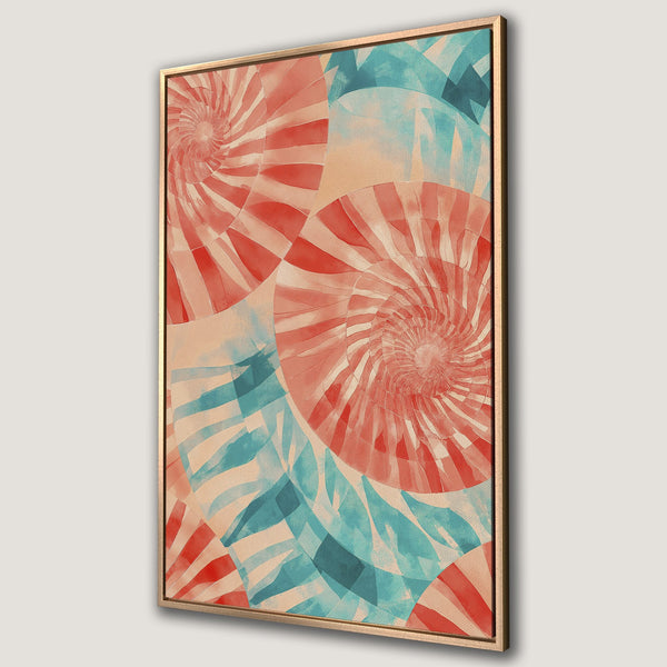 Framed Wall Art featuring an abstract spiral design in red, blue, and beige. Modern art Canvas Print perfect for adding color to any room.