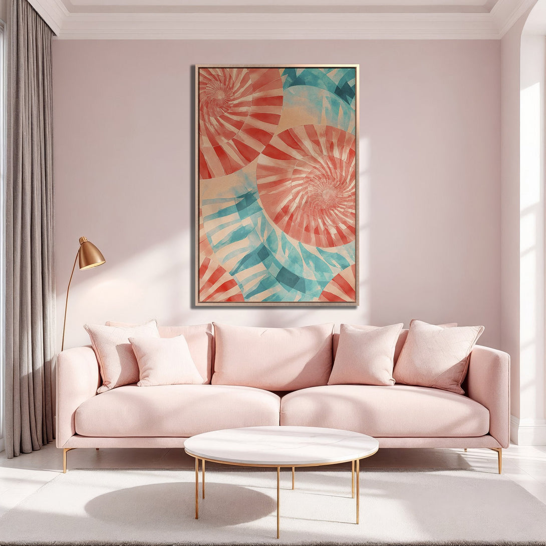 Framed Wall Art featuring a vibrant abstract design in red, blue, and beige tones. Modern style canvas print adds a pop of color to any space.